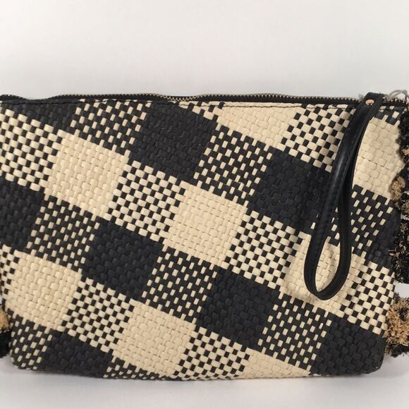 A New Day Straw Rafia Black and Creme Pom Pom Clutch Wristlet - Picture 4 of 14